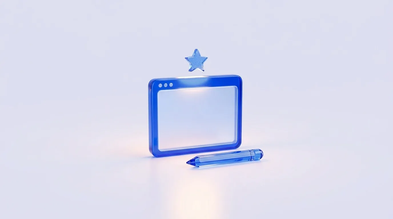 חלון דפדפן מזכוכית כחולה עם כוכב מעליו ועט מולו
