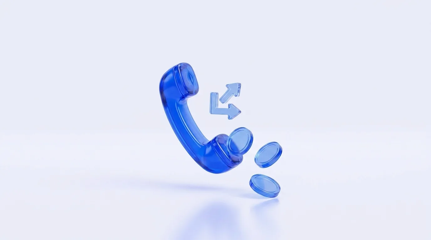 שפופרת טלפון מזכוכית כחולה עם חץ של שיחה שלא נענתה ושלושה מטבעות נופלים